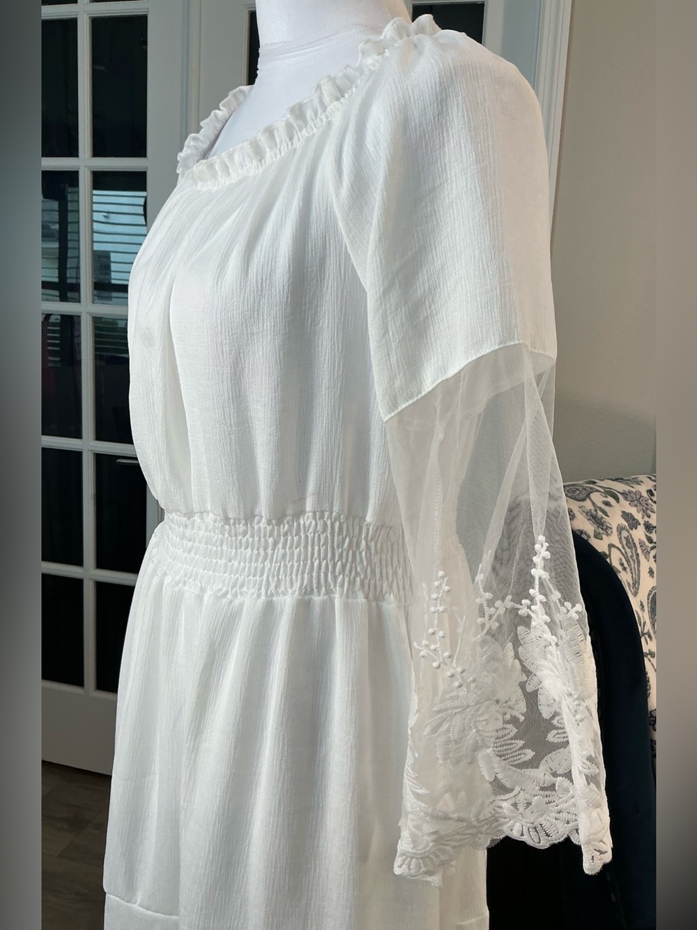 Boho White Off-Shoulder Maxi Dress Sheer Lace Bell Sleeve Tiered Size XL NWOT - Picture 12 of 16